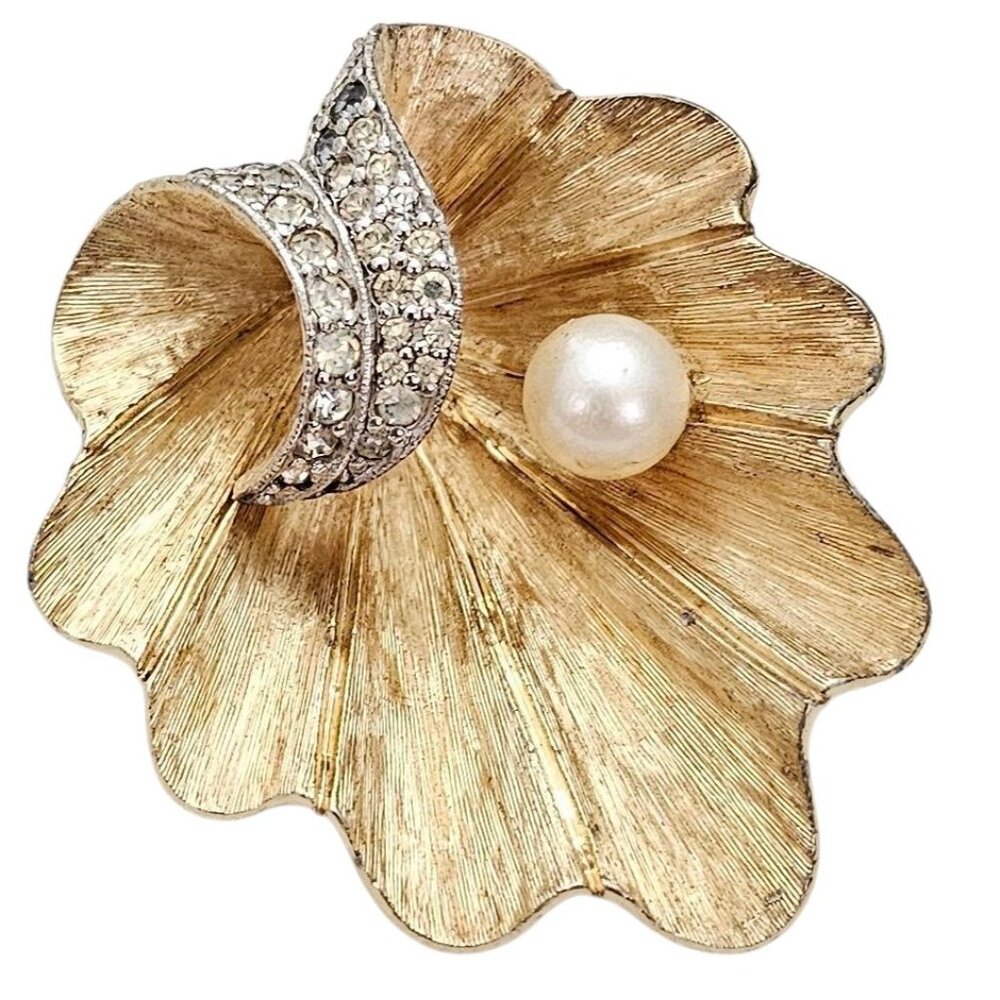 Jomaz Gold Tone Clam Shell Brooch Clear Rhinestone Genuine Pearl Pin, Signed
